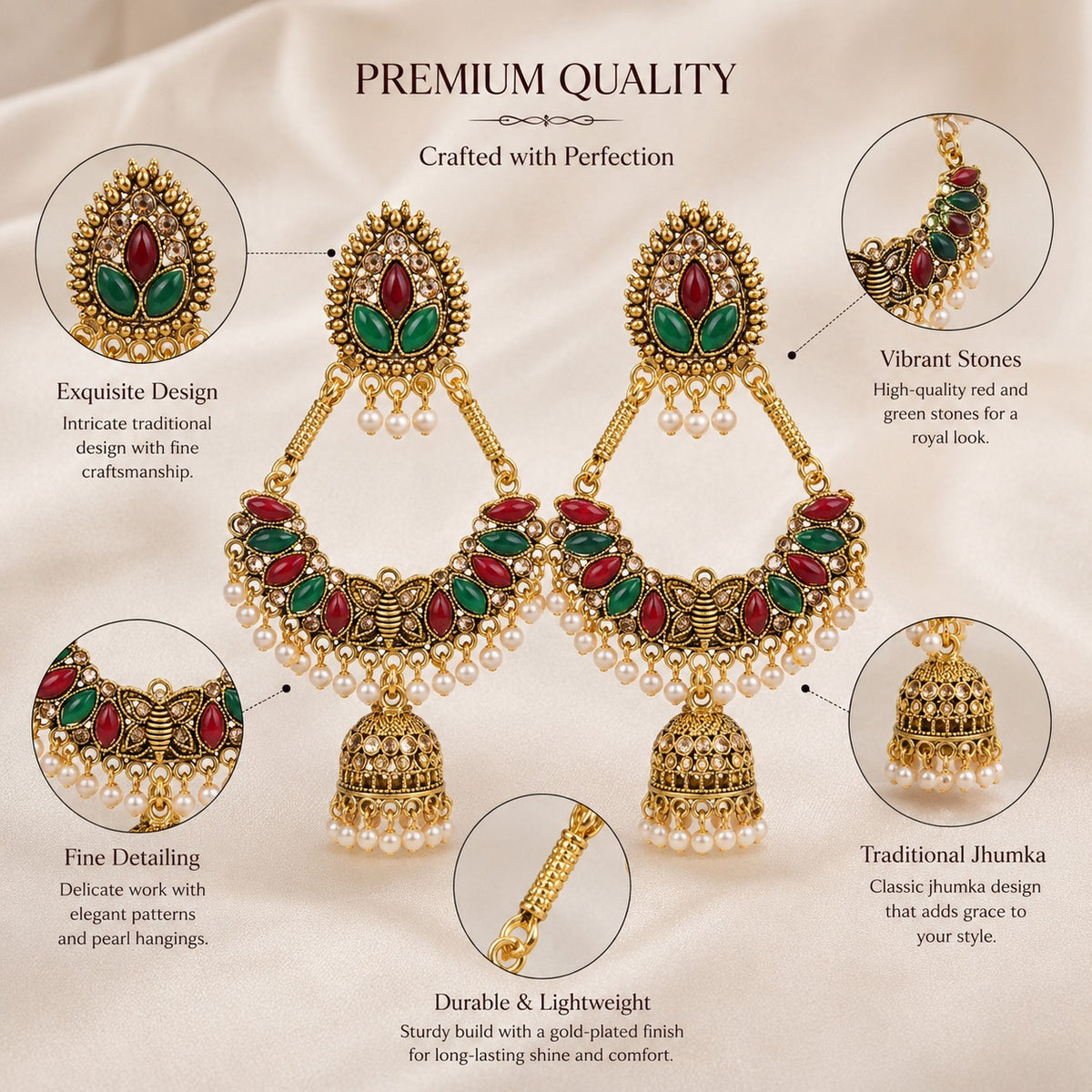 Traditional Gold Plated Meenakari Jhumka Earrings with Pearl Drops | Ethnic Chandbali Earrings for Women
