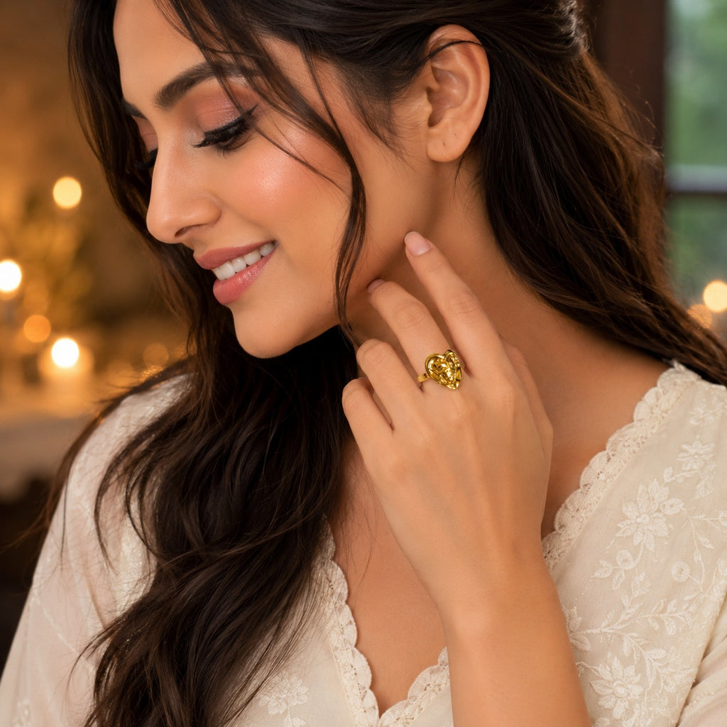 Gold Heart Ring for Women | Stylish Textured Heart Finger Ring | Trendy Fashion Jewellery