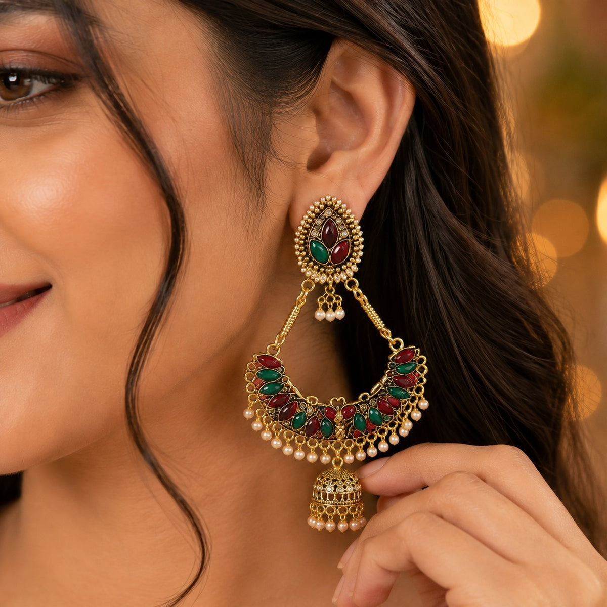 Traditional Gold Plated Meenakari Jhumka Earrings with Pearl Drops | Ethnic Chandbali Earrings for Women
