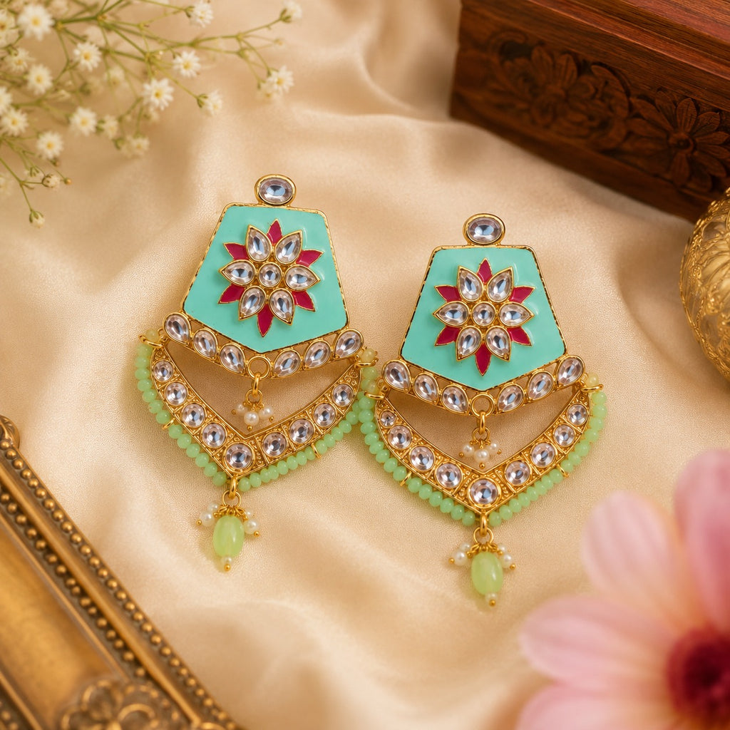Mint Green Kundan Chandbali Earrings | Traditional Ethnic Statement Earrings for Women