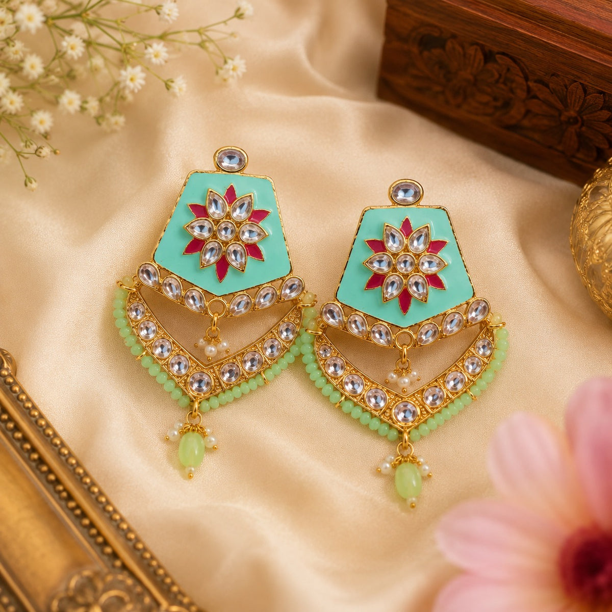 Mint Green Kundan Chandbali Earrings | Traditional Ethnic Statement Earrings for Women