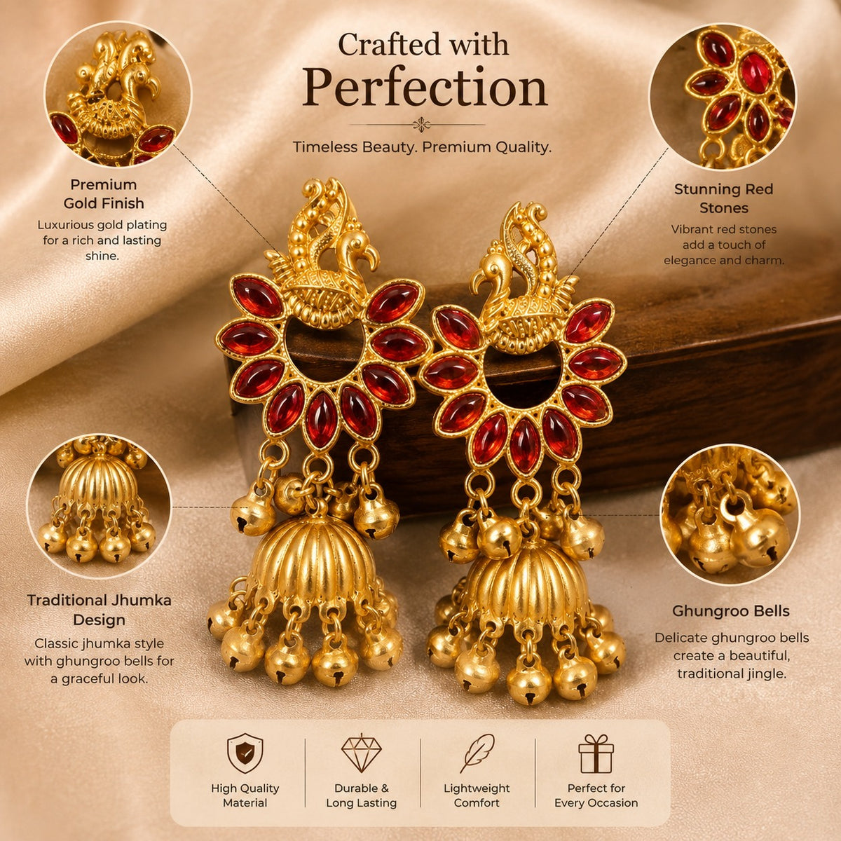 Peacock Red Stone Jhumka Earrings | Traditional Gold-Tone Ethnic Earrings