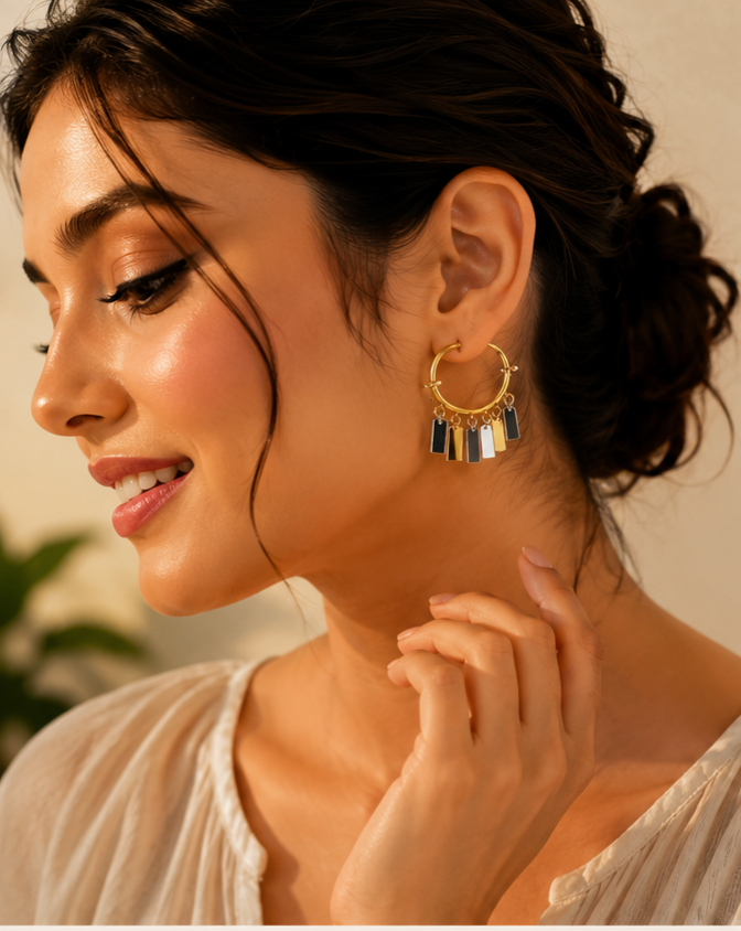 Gold Two-Tone Charm Hoop Earrings for Women | Minimalist Geometric Dangle Earrings | Lightweight Fashion Jewelry Gift