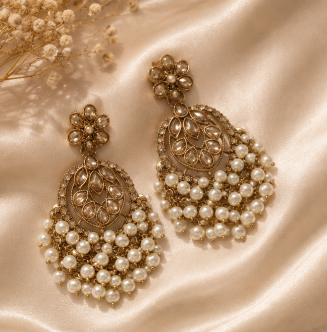 Luxury Pearl Chandbali Earrings for Women |Kundan Statement Earrings | Ethnic Traditional Wedding & Party Jewelry