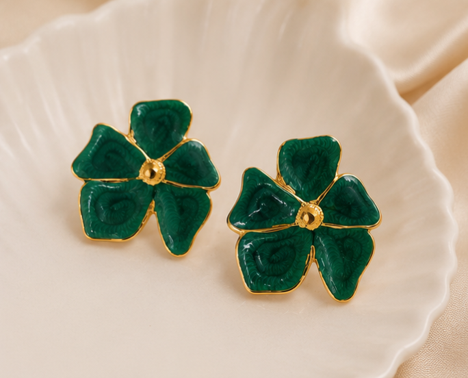 18K Gold Plated Pink Floral Enamel Stud Earrings for Women | Stainless Steel Oval Statement Earrings