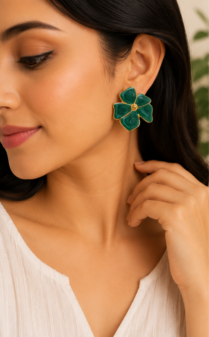 18K Gold Plated Pink Floral Enamel Stud Earrings for Women | Stainless Steel Oval Statement Earrings