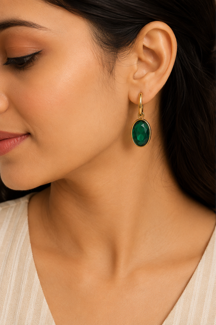 18K Gold Plated Green Oval Drop Hoop Earrings for Women | Elegant Gemstone Dangle Earrings