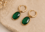 18K Gold Plated Green Oval Drop Hoop Earrings for Women | Elegant Gemstone Dangle Earrings