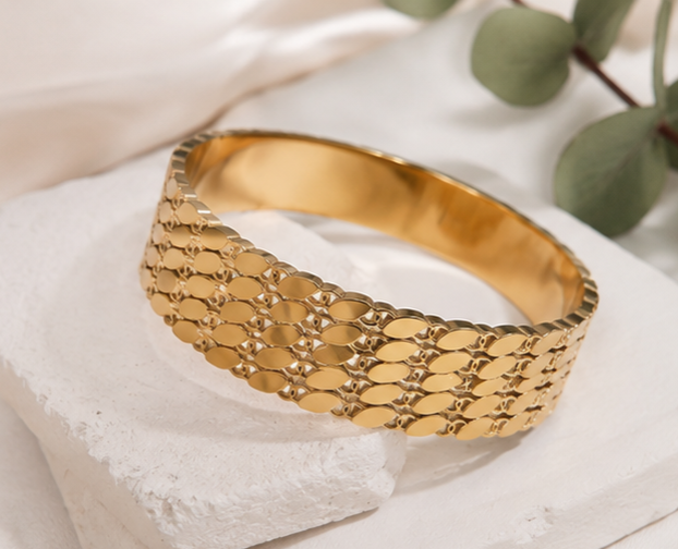 18K Gold Plated Textured Cuff Bracelet for Women | Elegant Wide Open Bangle