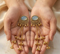 Kashmiri Traditional Gold-Plated Earrings with Blue Stone & Hanging Beads | Ethnic Statement Jhumka Earrings