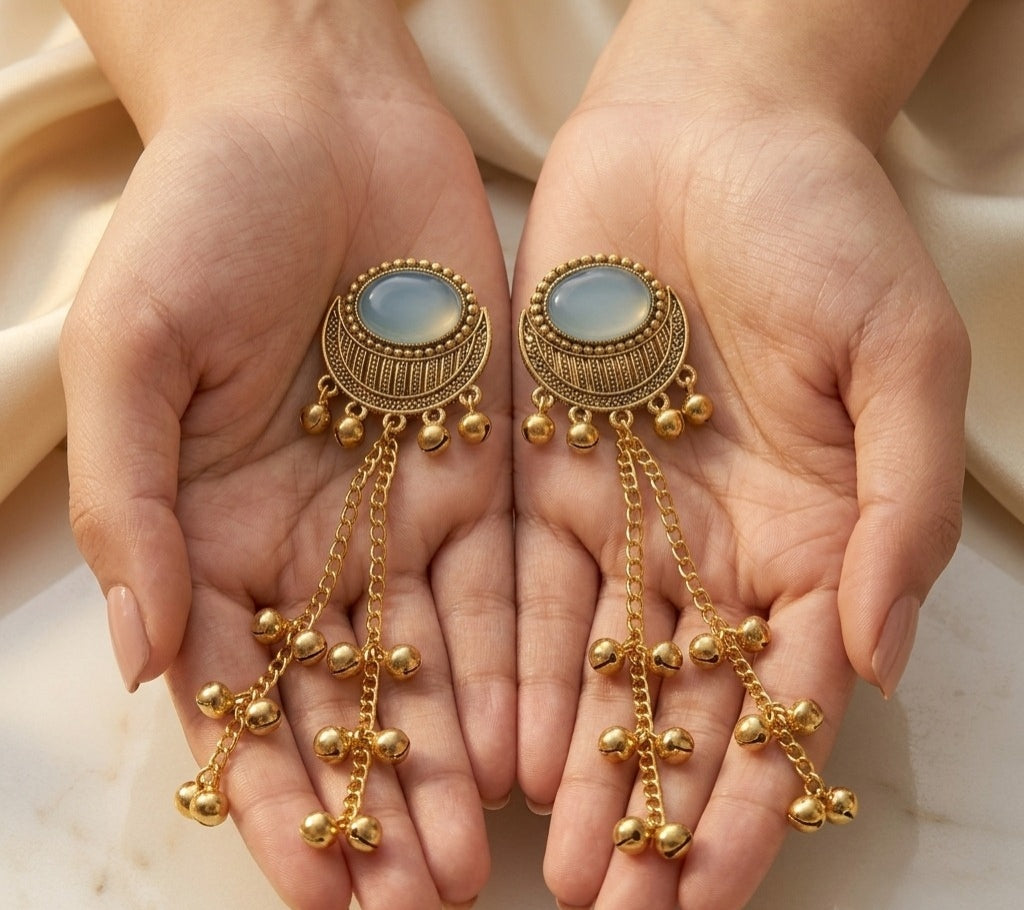 Kashmiri Traditional Gold-Plated Earrings with Blue Stone & Hanging Beads | Ethnic Statement Jhumka Earrings