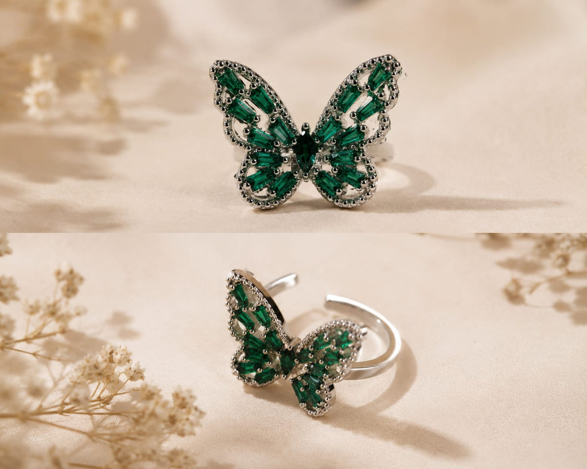 Swaaro Emerald Green Butterfly Silver Plated Ring – Adjustable Crystal Ring for Women