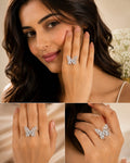 Swaaro Emerald Butterfly Silver Plated Ring – Adjustable Crystal Ring for Women